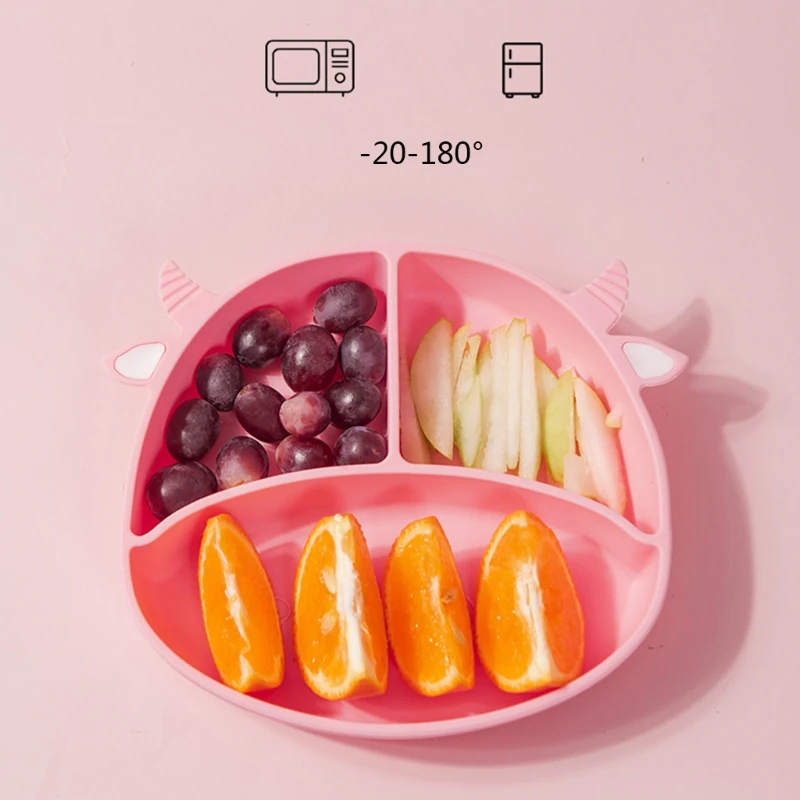 Plato de silicona de grado alimenticio para dibujo de vacas, cuenco de succi&oacute;n dividido para beb&eacute;, plato de cena antideslizante para ni&ntilde;os, plato de aprendizaje de alimentaci&oacute;n-2