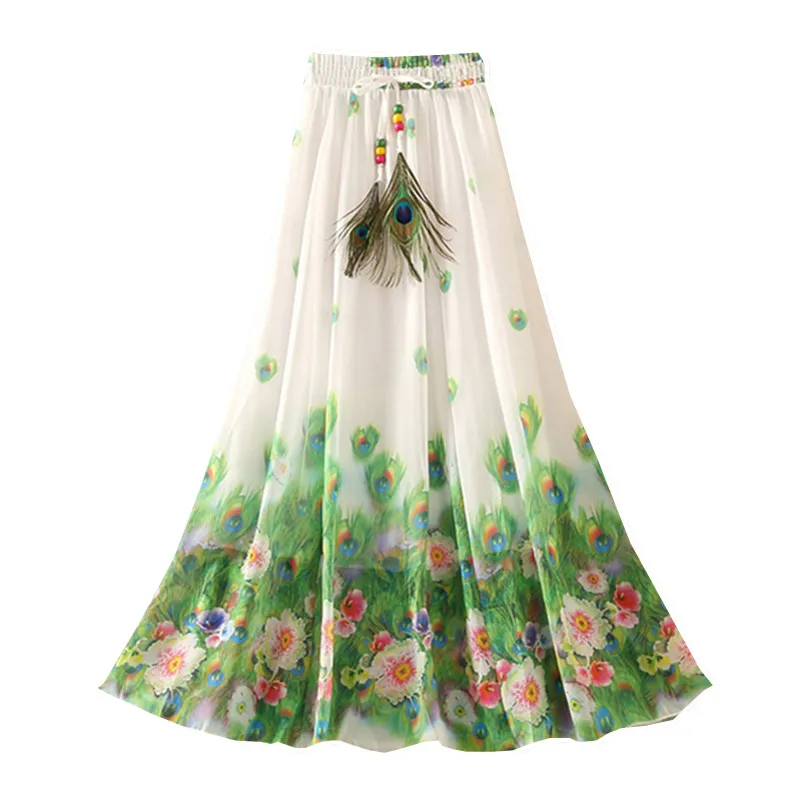 

Summer Maxi Women Skirt Long Chiffon Skirts Retro Pattern Skirt Bohemian High Waist Female Over-the-knee skirt Clothing W70038