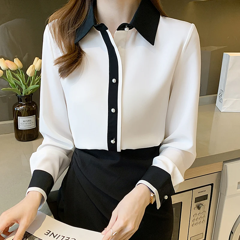 

Chiffon Loose Women's Shirts New Fashion Blouses Splicing Polo Shirt Spring Casual Long Sleeve Blusas Houthion