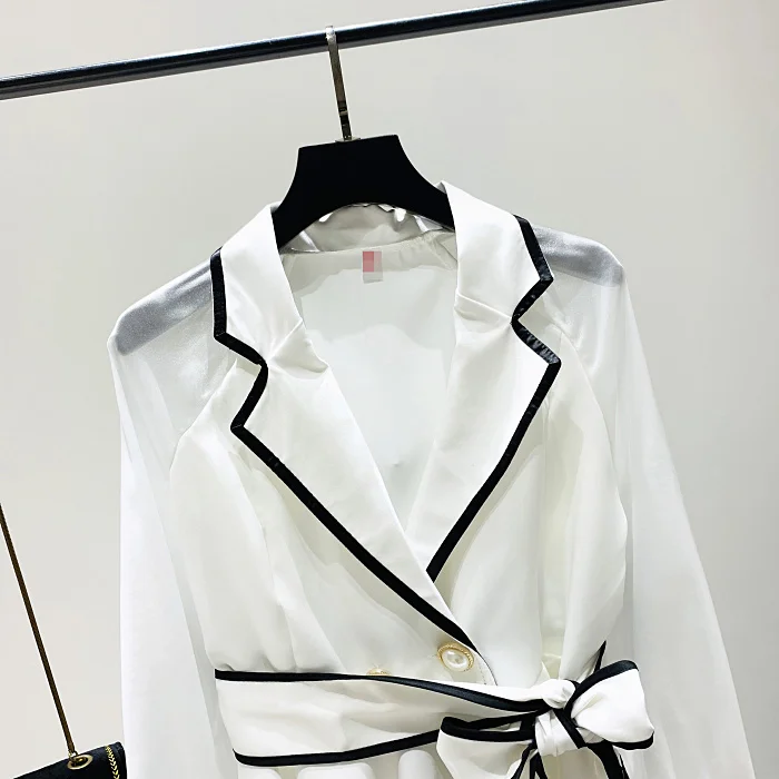 White Chiffon Blouse Women Notched Collar Flare Sleeve Shirt Solid Color Ladies Elegant Black Stripe Edge Blusa Tops | Женская одежда