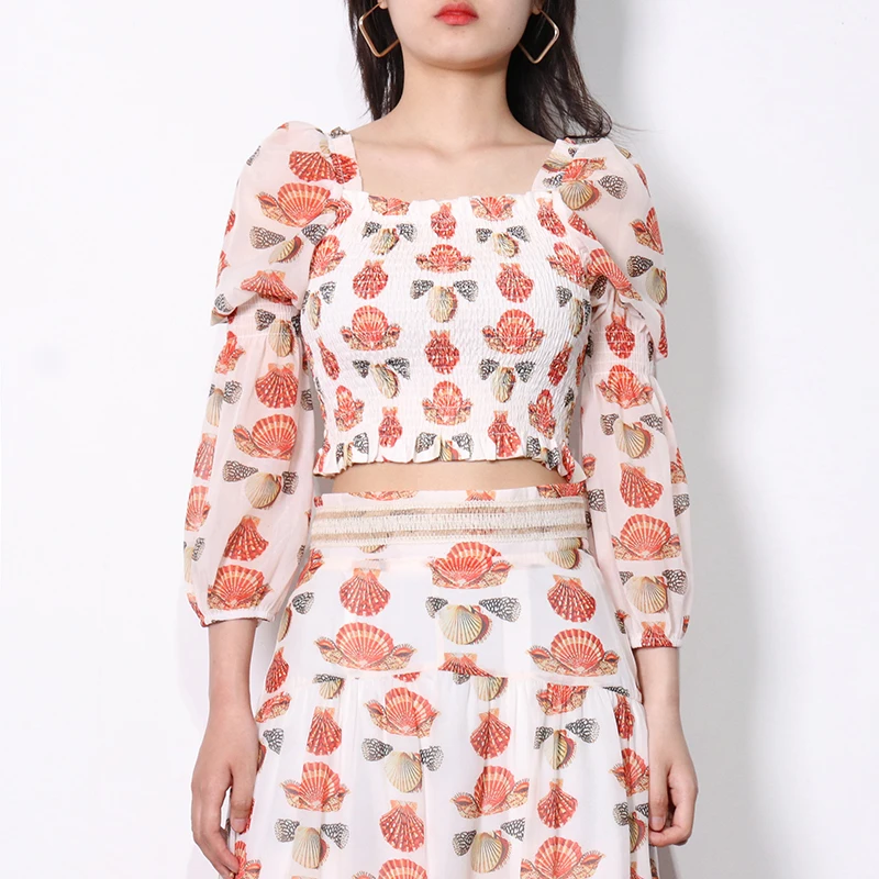 

TWOTWINSTYLE Green Print Two Piece Set For Women Square Collar Puff Long Sleeve Shirts High Waist Midi Skirts Casual Sets Female