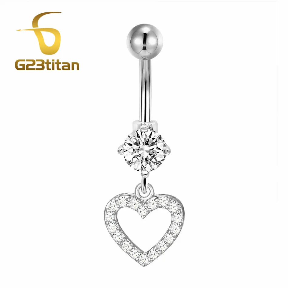 

G23Titanium 14G Belly Piercing Ring Dangling Heart Crystal Pendant Women's Jewelry Body pircing Chain piercing nombril