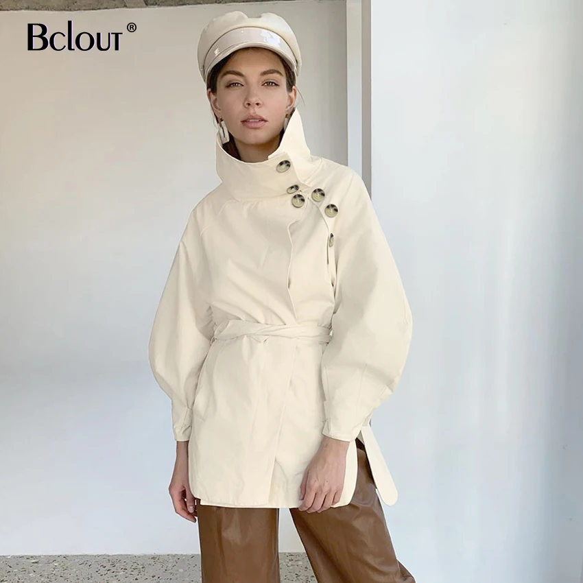 Женская блузка с длинным рукавом bclut бежевая воротником под горло и пуговицами из