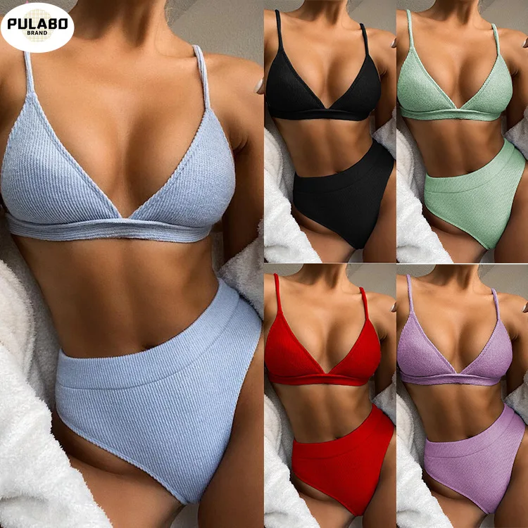 

Special Fabric Female Swimsuit High Waist Bikini 2021 Women Swimwear Two-pieces Bikini set Ribbed Bather Bathing Suit Swimwear
