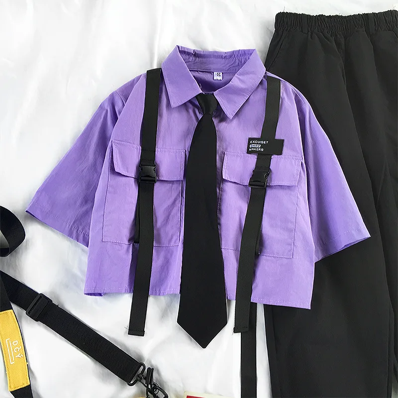 

2021 Autumn Streetwear Pants High-Waist Straight Ribbon Cargo Pants Student Loose Short-Sleeved Shirt with Tie two-piece Set