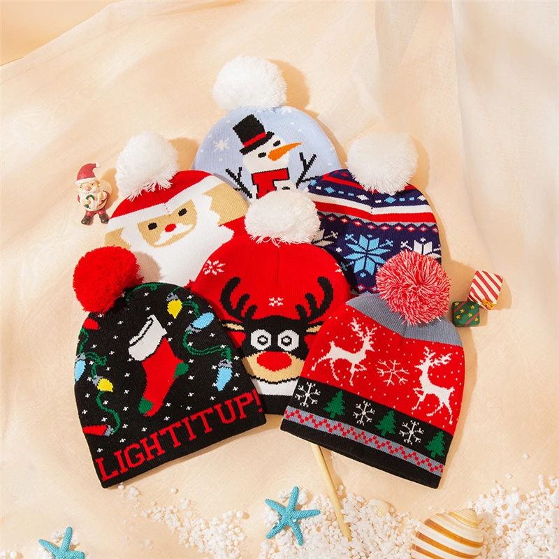 

Winter Kids Hat Baby Boy Warm Beanie Christmas Festival Knit Children Hats Santa Clause Snowman Children Cap With Pompom