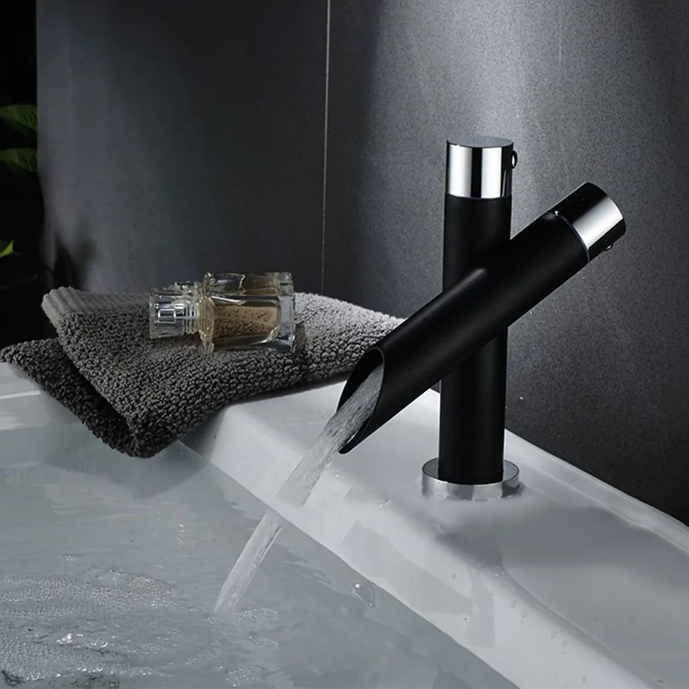 

Small Black Home Mixer Tap Basin Sink Faucet Single Handle Waterfall Hot Cold Brass Chrome Bathroom Kitchen One Hole Deck Mount