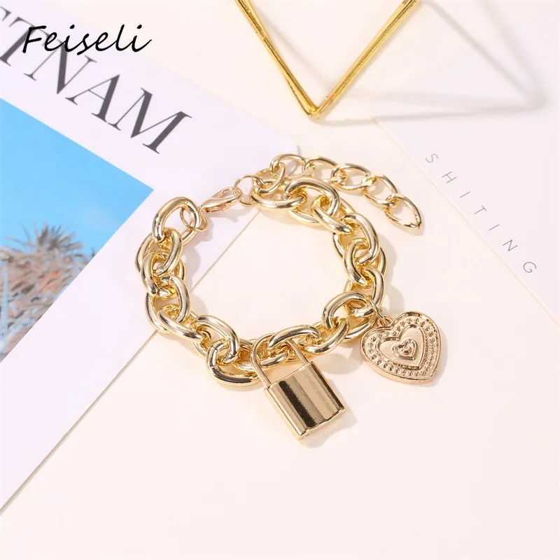 Feiseli классический Серебряный Золотой браслет с замком в виде сердца для женщин
