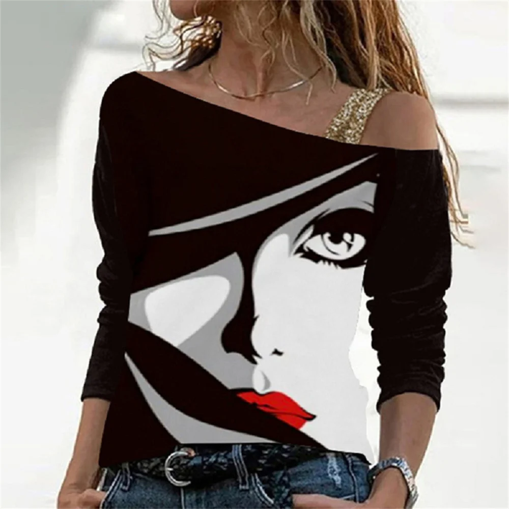 Autumn Personality Abstract Face Print Sexy Off Shoulder Top Women's Casual Long Sleeve T-Shirt Fashion Street Harajuku Tees