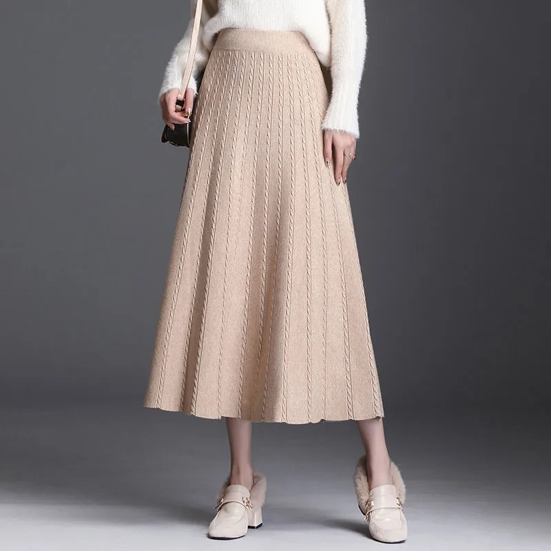 

Winter Thick Warm Women Pleated Skirt Lurex High Waist Knitted Sweater Skirts Korean Autumn Long A Line Midi Skirt Black Gray