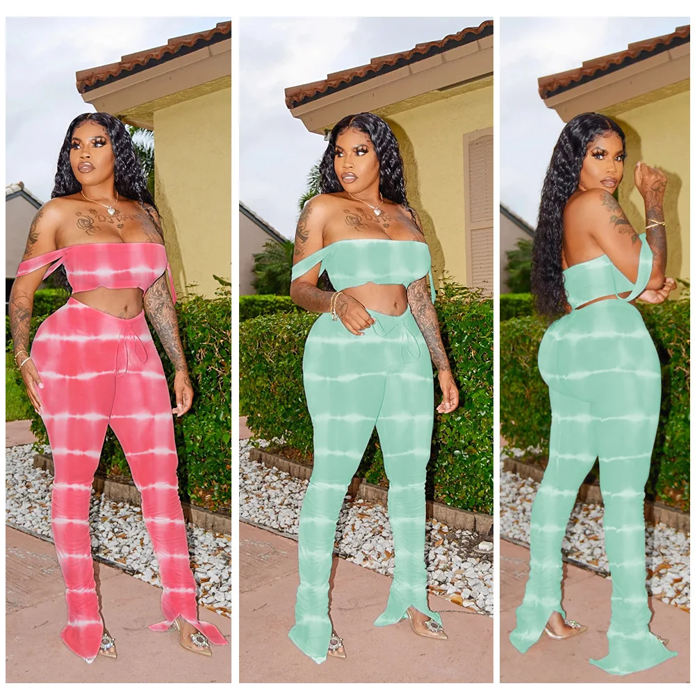 

Casual Print Stacked Pants Set Two Piece Set Off Shoulder Short Crop Top + Long Pants Flare Splite Summer Clothes For Women