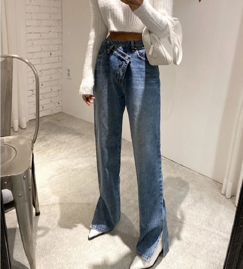 

Повседневные Асимметричные прямые джинсы с высокой талией для женщин, синие джинсовые брюки с Боковым Разрезом, женские длинные брюки для ж...