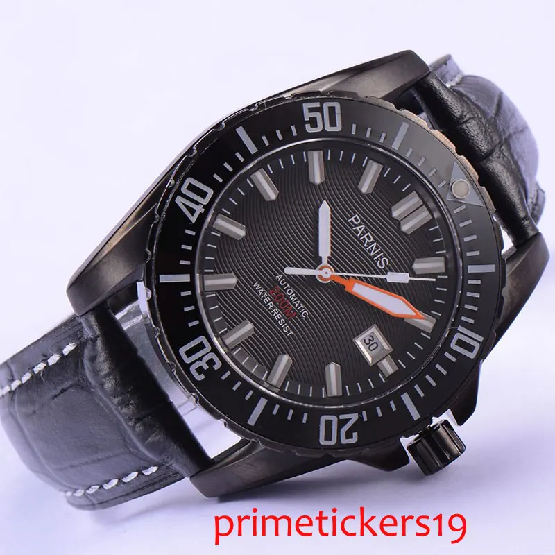 

Automatic movement 43mm Parnis black dial PVD coated case sapphire glass shallow waves mens watch P681