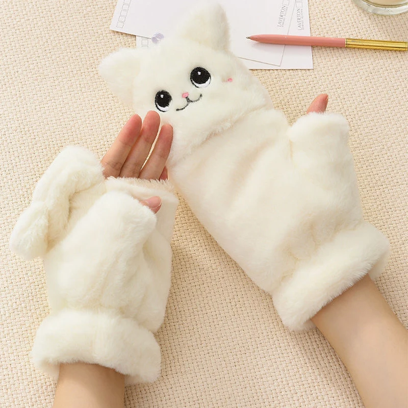 

Симпатичная в форме кошки, женские перчатки, зимние мягкие плюшевые меховые кроличьи перчатки с полупальцами, толстые теплые варежки без па...