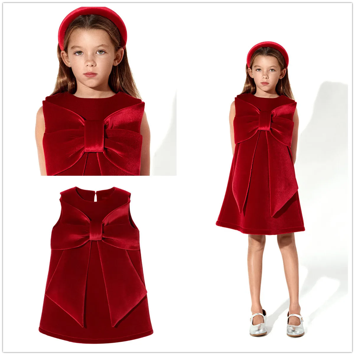 2022 New Year Child Big Bow Red Corduroy A-line Dress Party Princess Kids Dresses For Girls  Christmas Clothing 1-6 Year Old