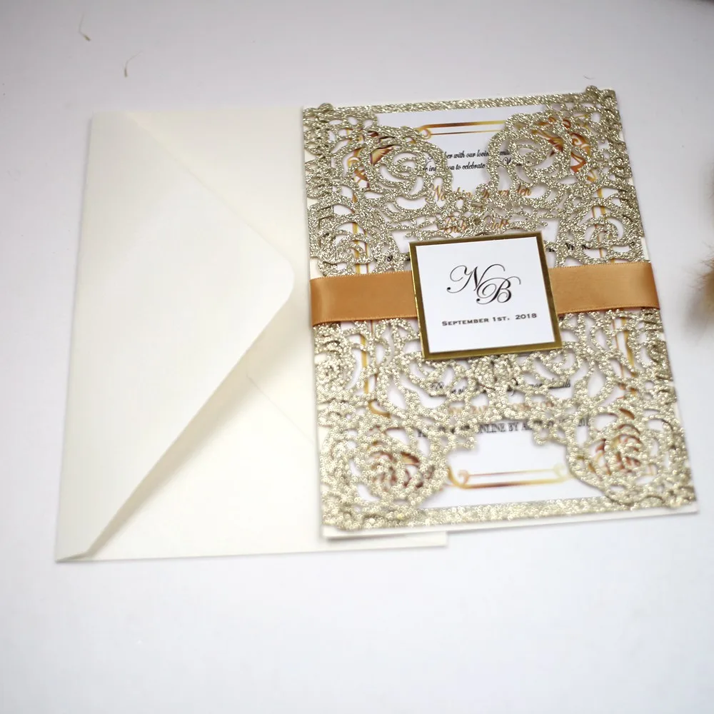 

10pcs rose gold wedding invitation cards burgundy Blush Pink Silver Glitter laser cut pocket invites cards for bridal shower