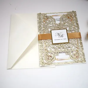 Пригласительные открытки на свадьбу, цвет розовое золото, бордовый, румянец, розовый, серебристый, с блестками, лазерная резка, 10 шт.