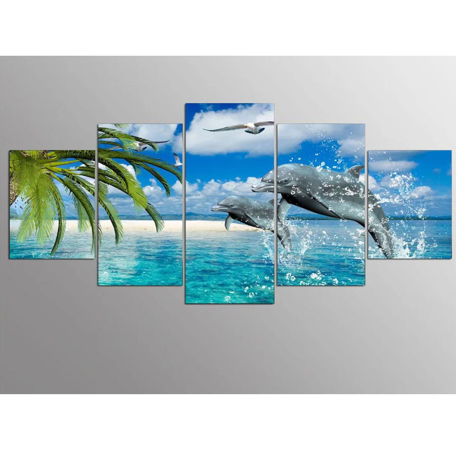 

Полная квадратная/круглая алмазная живопись 5 шт. Дельфин Сделай Сам 5D мозаика Алмазная вышивка Триптих живопись для декора гостиной WW084