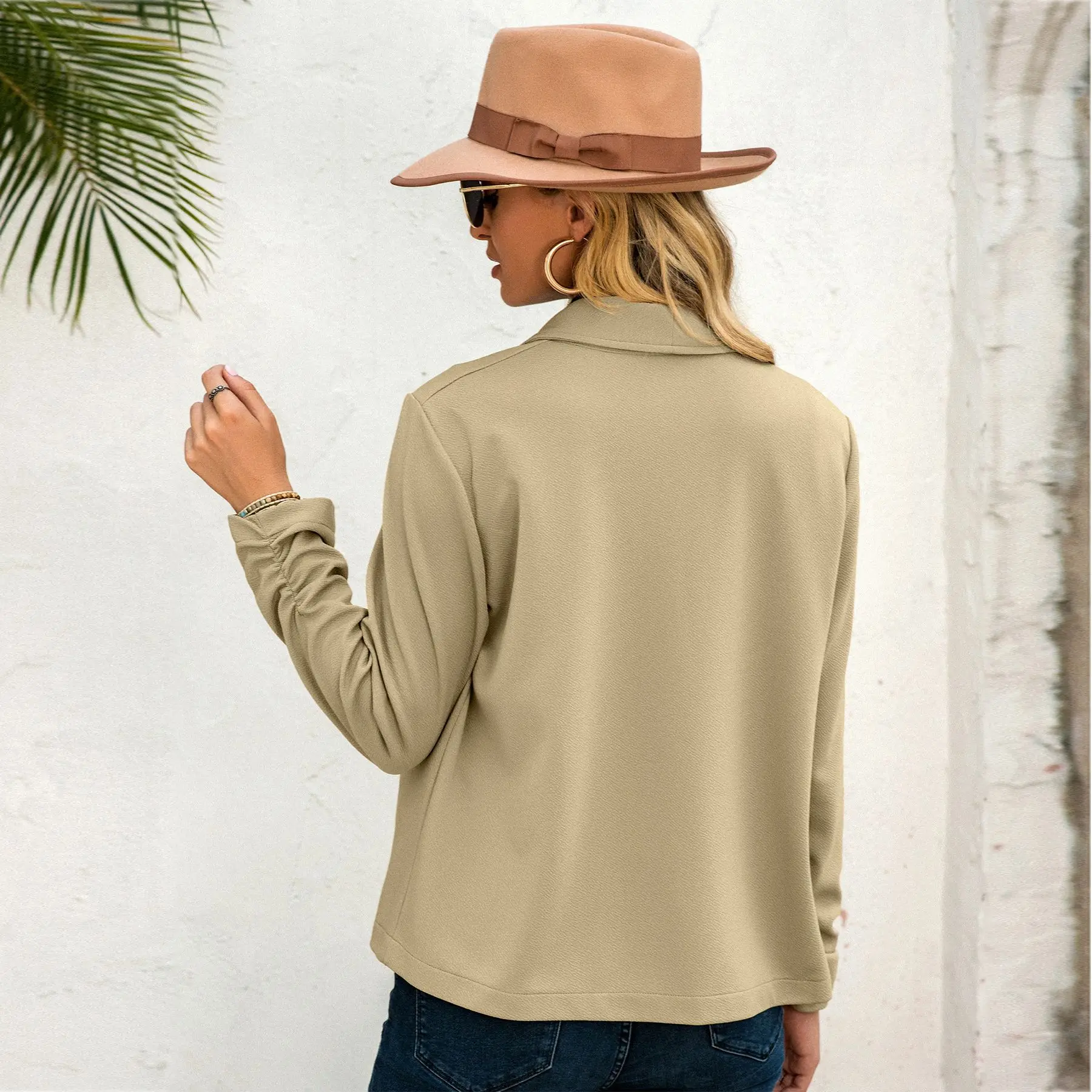 

Women's Long Sleeve Irregular Suit Solid Color V Neck Pleated Cuffs Defined Waist Slim Coat