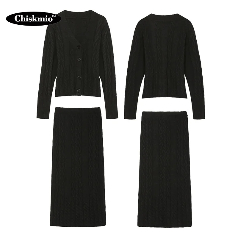 

Two-piece Knitted Cardigan Skirts Women Clothes Set Single-breasted Cardigans Sweaters Coats Tops High Waist Skirt Work Lady Set