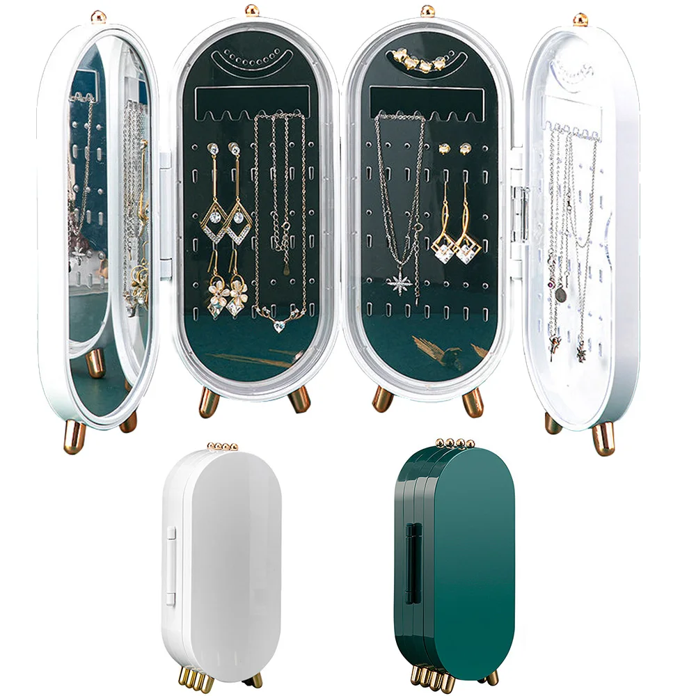 

Desktop Jewelry Storage Box Foldable Earrings Necklace Jewelry Display Stand With Makeup Mirror Multilayer Dustproof Jewelry Box