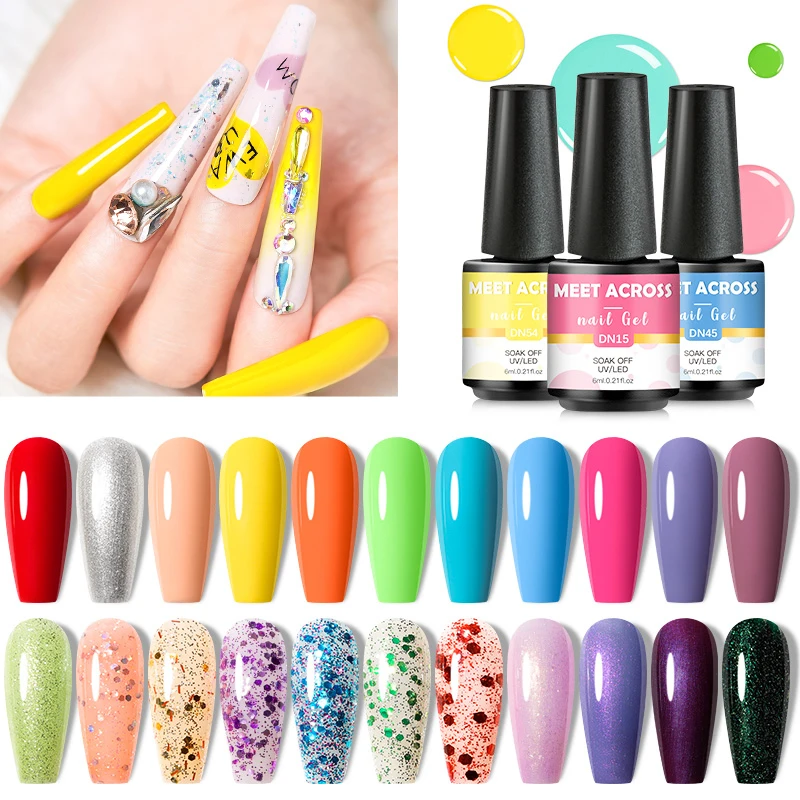 

MEET ACROSS 6ml Nail Gel Polish Semi Permanent Gel Varnish Base Top Coat Need UV Gel Varnish Soak Off Nail Art Gel Long Lasting