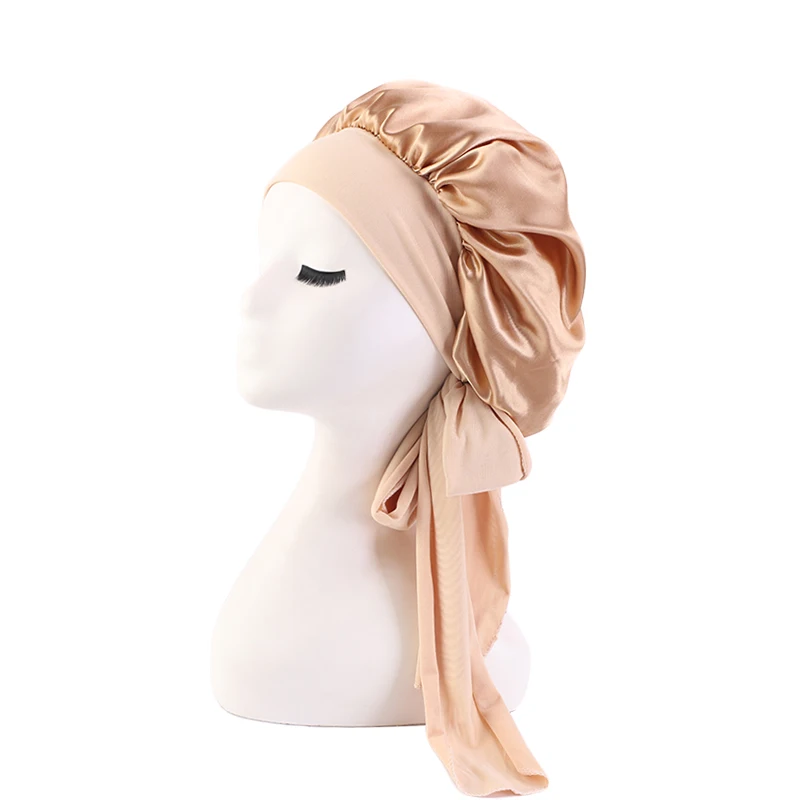 

Solid Satin Bonnet with Wide Stretch Ties Long Hair Care Women Night Sleep Hat Adjust Hair Styling Cap Silk Head Wrap Shower Cap