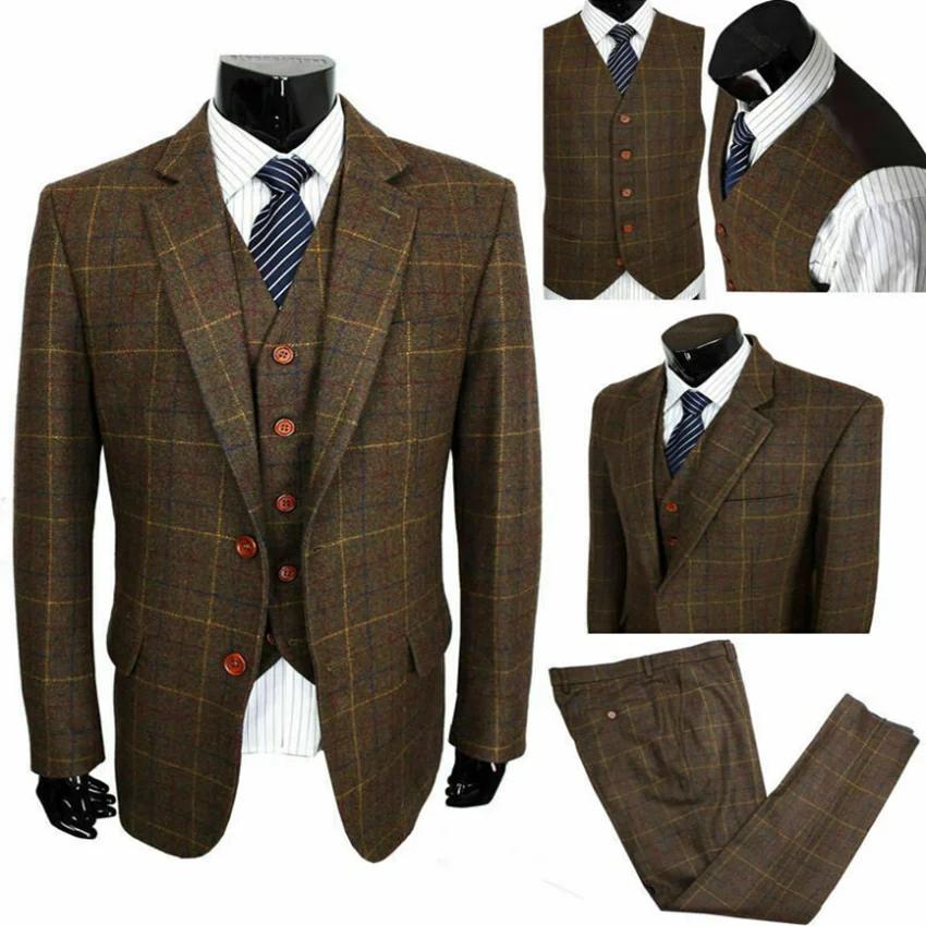 Мужские костюмы из 3 предметов винтажные Твидовые с лацканами вырезом на