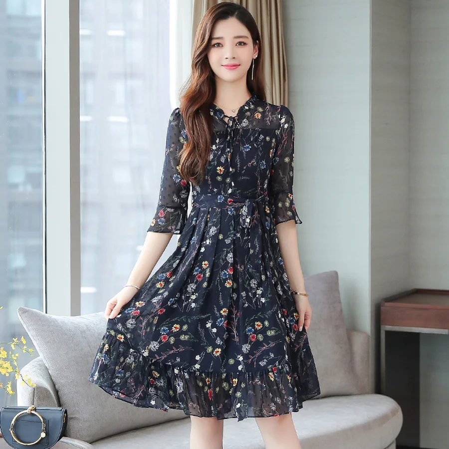 2021 элегантный темно синего цветов с принтом шифоновое платье миди весенне летнее