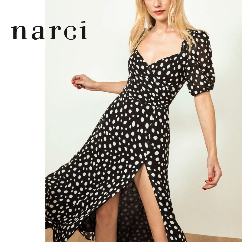 Женское шифоновое платье миди с пышными рукавами длинное белое в горошек