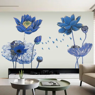 

Blue Lotus 3D PVC Wallpaper Sticker Wall Flowers Chinese Style Wall Decals Bedroom Room Decoration Self adhesive Wall Decoration