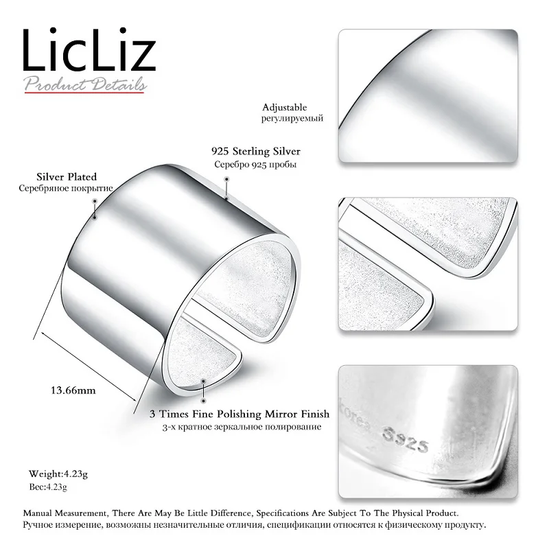 Plain LicLiz, 925 пробы, серебряные, открытые, регулируемые, каффы, кольца для женщин, Круглый Круг, кольцо, ювелирное изделие, Anillos Plata 925 Para Mujer LR0323 - Цвет камня: Plain