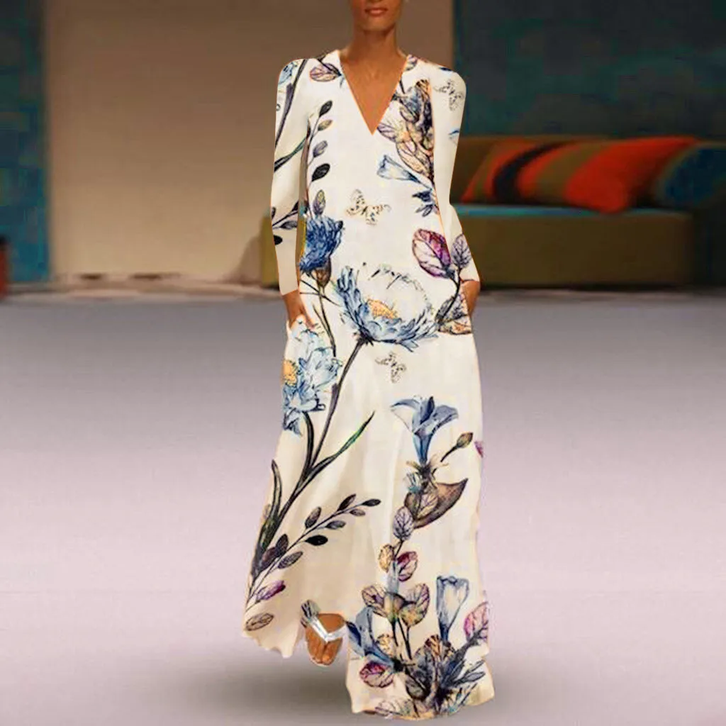 Платье макси летнее с длинным рукавом и V образным вырезом|Женские платья| |