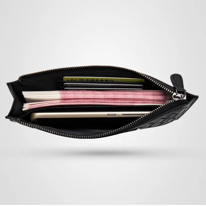 

Sheepskin Woven Wallet Unisex Long Leather Zipper Wallet Ultra-thin Handbag Leisure Ms. Male Multifunct Purses