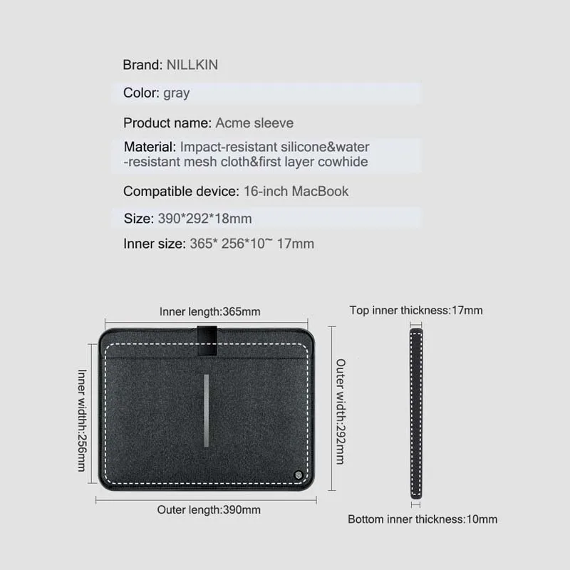 

For Apple MacBook 16 Inch NILLKIN Acme Liner Sleeve Impact-resistant Grey Laptop Bag for MacBook 16" Notebook Handbag Case