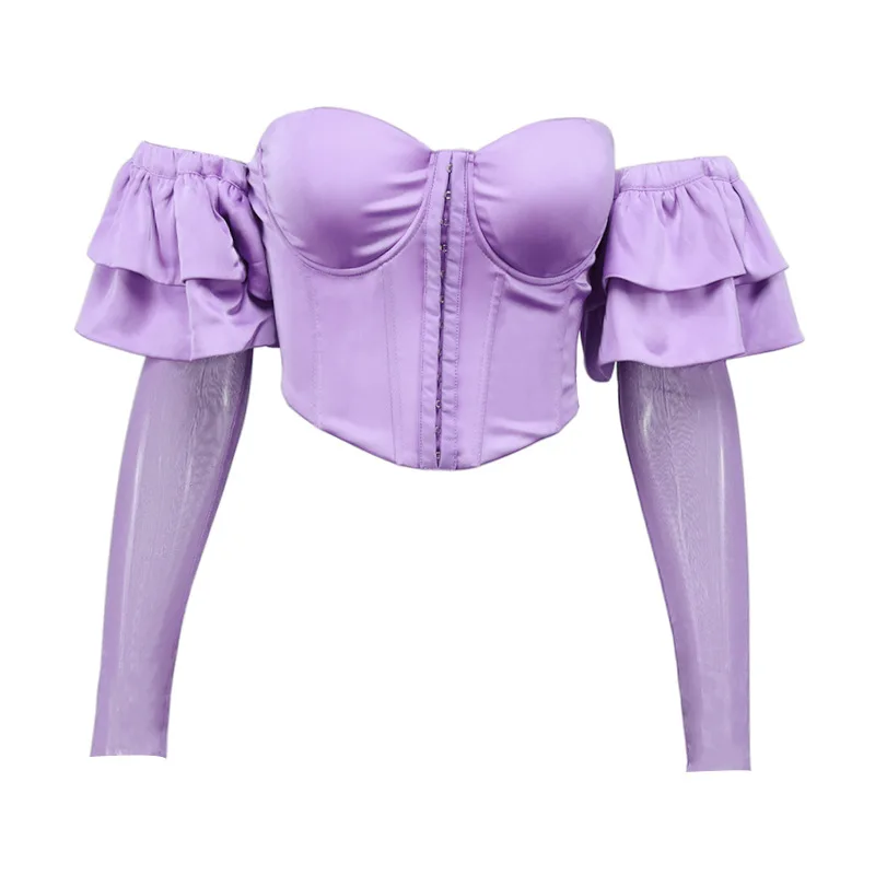 

Satin Ruffles Sexy Crop Tops Women Clothes Strapless Short Summer Tops Off Shoulder Crop Tank Top Beachwear Cropped 2021