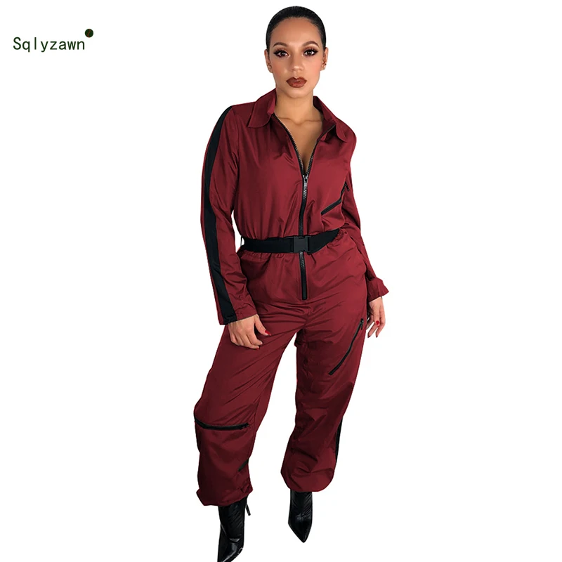 Женский Облегающий комбинезон на молнии с длинным рукавом и поясом уличная