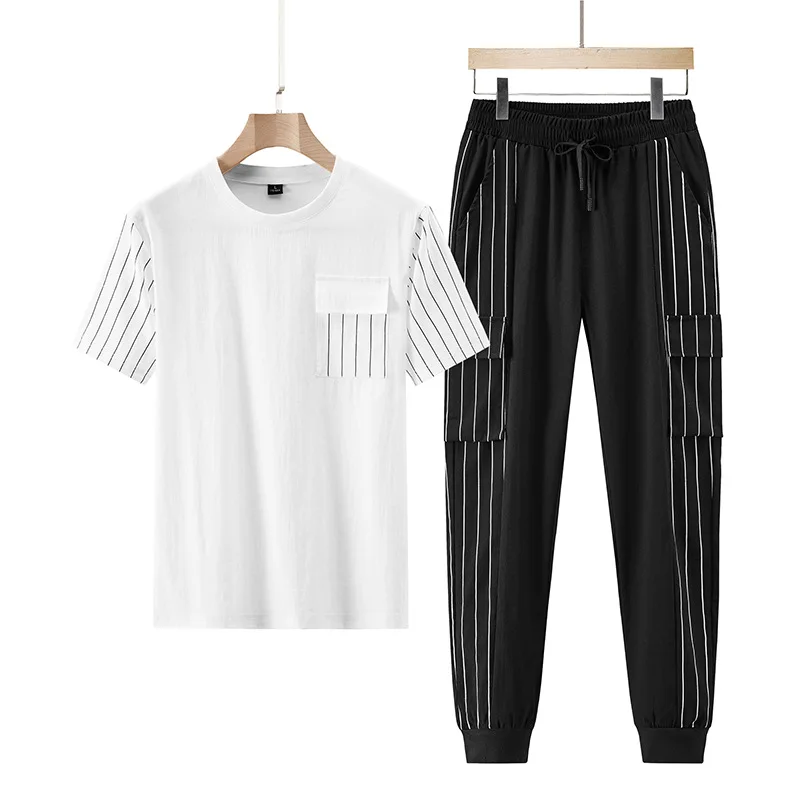 

Мужская одежда, Новинка лета 2021, трендовый Повседневный Спортивный костюм в полоску, Мужская модная футболка с коротким рукавом и брюки