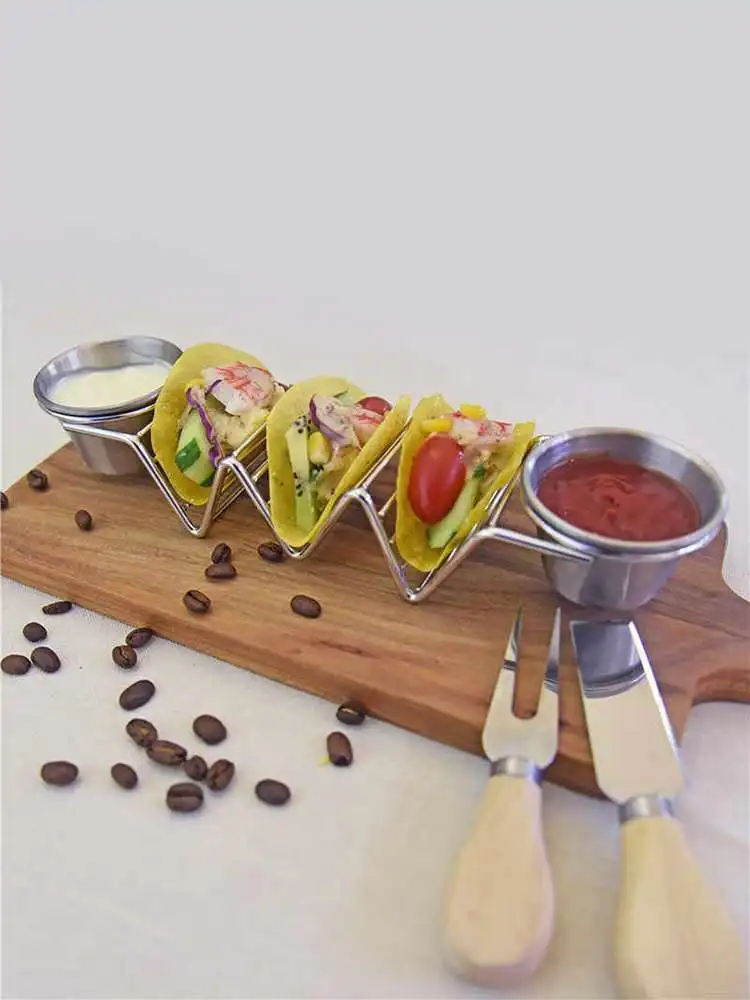 

1Pc Convenient And Stylish Stainless Steel Burrito Tacoholder Rack Pancake Rack with Two Side Cups for Shop Home Party