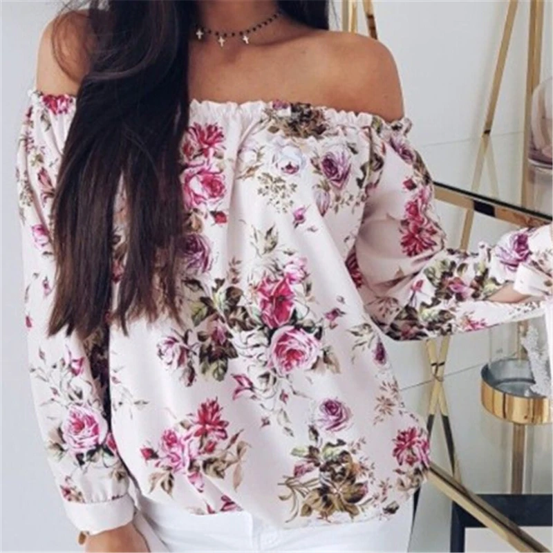 Spring Womens Floral Off Shoulder Tops New Ladies Sexy Large Size Pink White T-shirt Autumn Woman 3/4 Sleeve T Shirts | Женская одежда