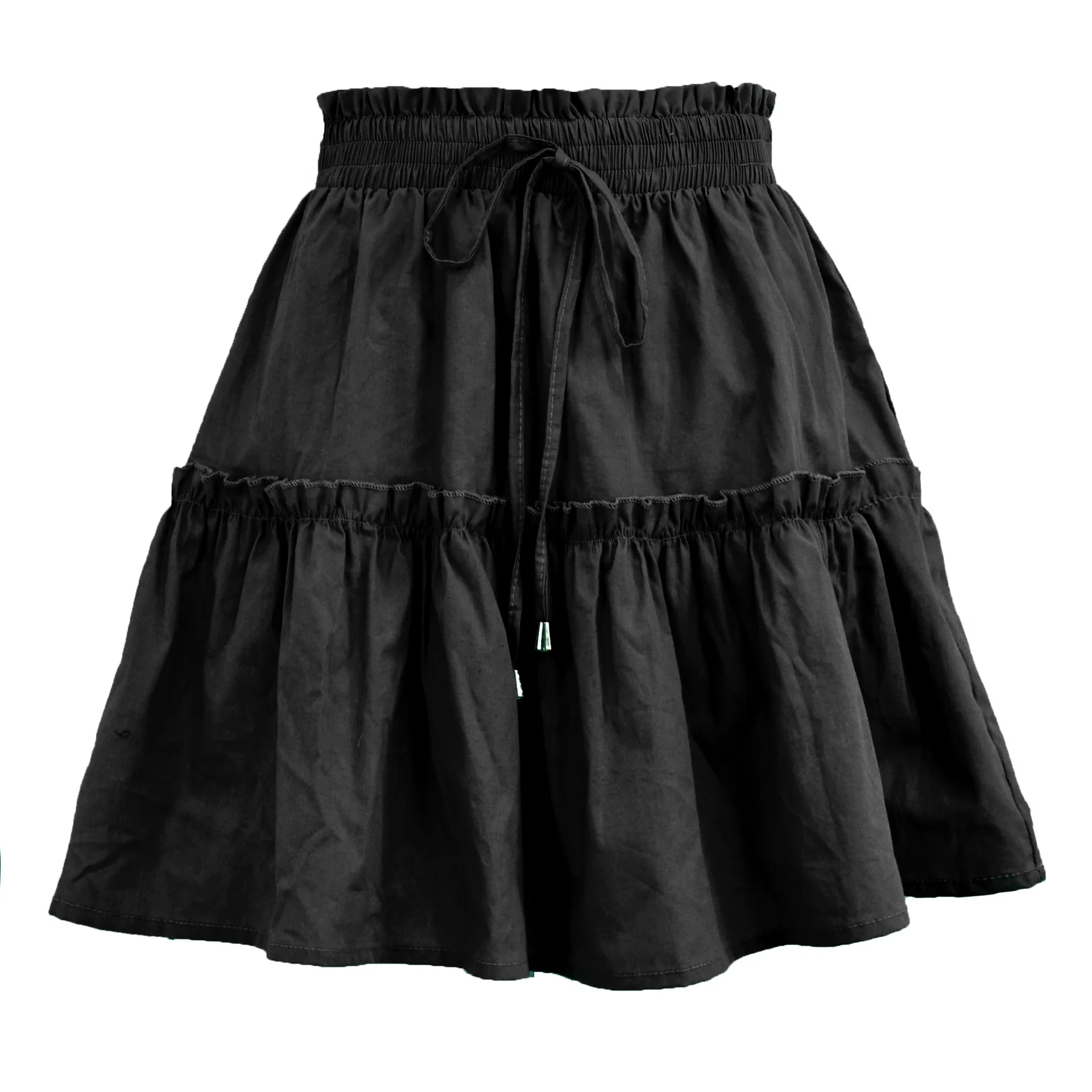 

2021 Summer Boho High Waist Elastic Solid Mini Skirt Women Fashion Sexy Casual Lace-up Plus Size Ruffle A Line Skirts Femme