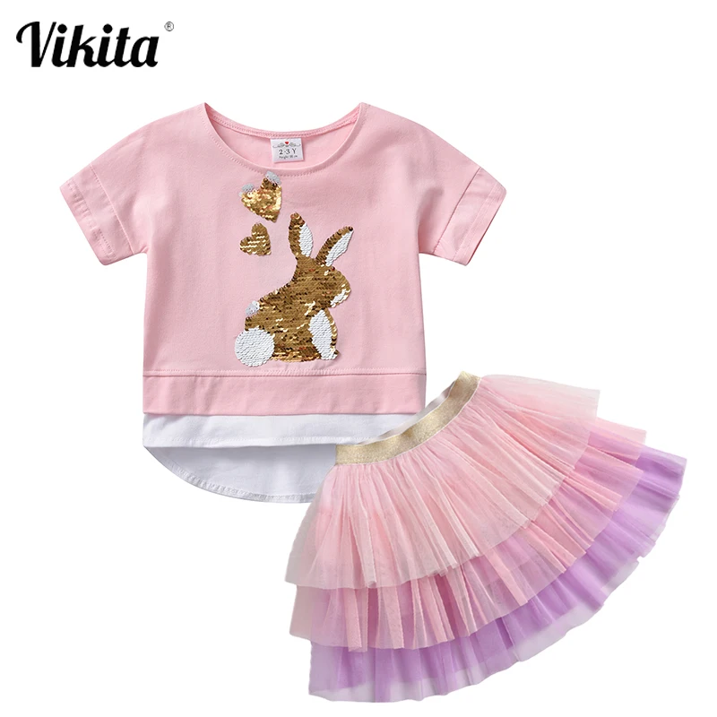 

VIKITA Toddlers Kids Baby Girls Clothes Sets Cotton T-shirt Tops and Tutu Skirt 2PCS Outfits Clothing Set Suit Children Clothing