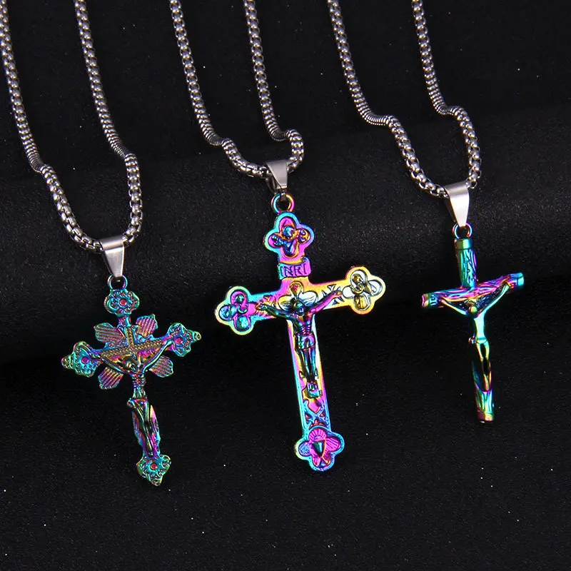 

2021 Europe and America Colorful Cross Alloy Necklace Christian Jewelry Pendant Virgin Mary Catholic Men and Women Jewelry