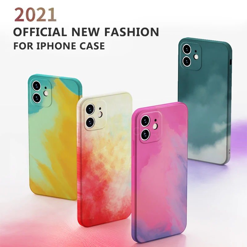 

Official Painted Case For iPhone 12 Pro Case For iPhone 11 Case iPhone SE XS XR Max 11Pro Watercolor Gradient Square Soft Cover