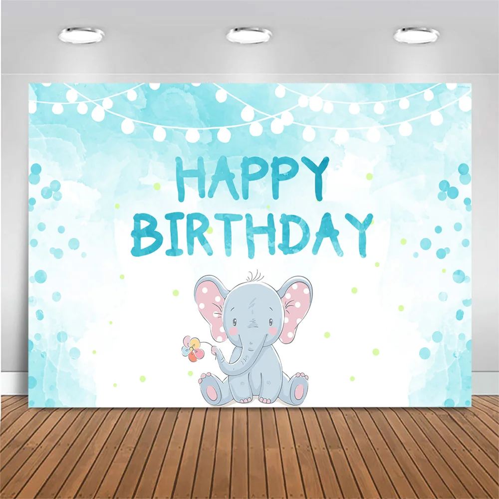 

Cartoon Elephant Birthday Background Blue Pink Happy Birthday Photography Background Baby Kids Birthday Decor Photo Background