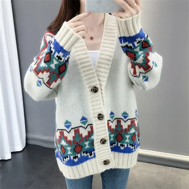 2019 женский свитер снаружи абстрактным узором с длинным рукавом однобортный