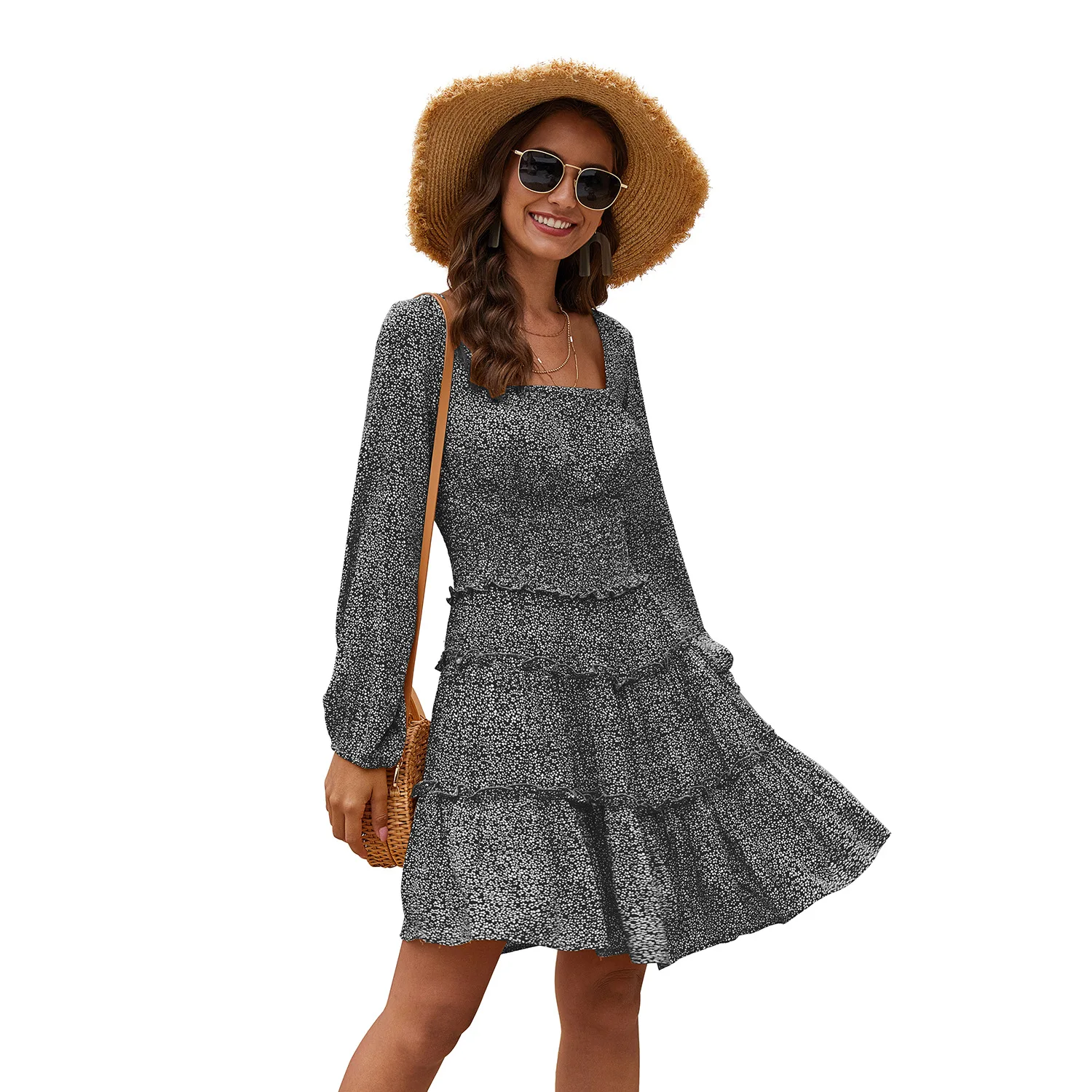 

Women's Mini Dress Casual Solid Long Sleeve Floral Ruffle Patchwork Print Ladies Dress