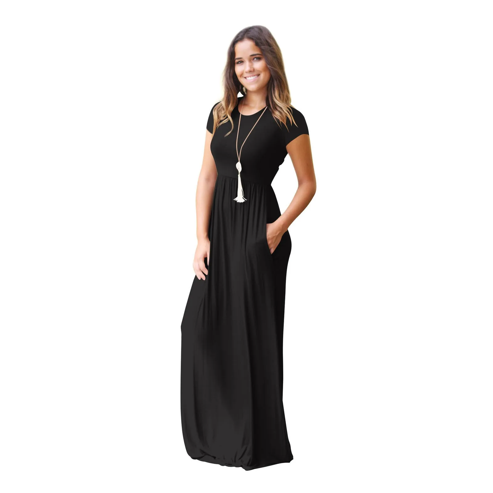 

Solid Dresses Women O Neck Casual Pockets Short Sleeve Floor Length Dress Loose Party Dress Long Dress 2021