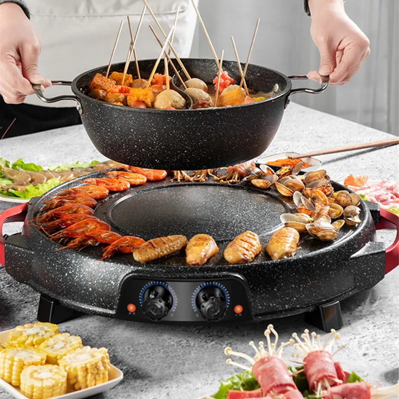 220v electric barbecue grill machine 2 in 1 hotpot non stick household multi cooker pan hot pot two flaver hot pot free global shipping