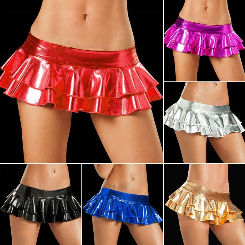 

Sexy Women's Wet Looking Metallic Shiny Bodycon Faux Leather Micro Mini Party Short Skirt Clubwear